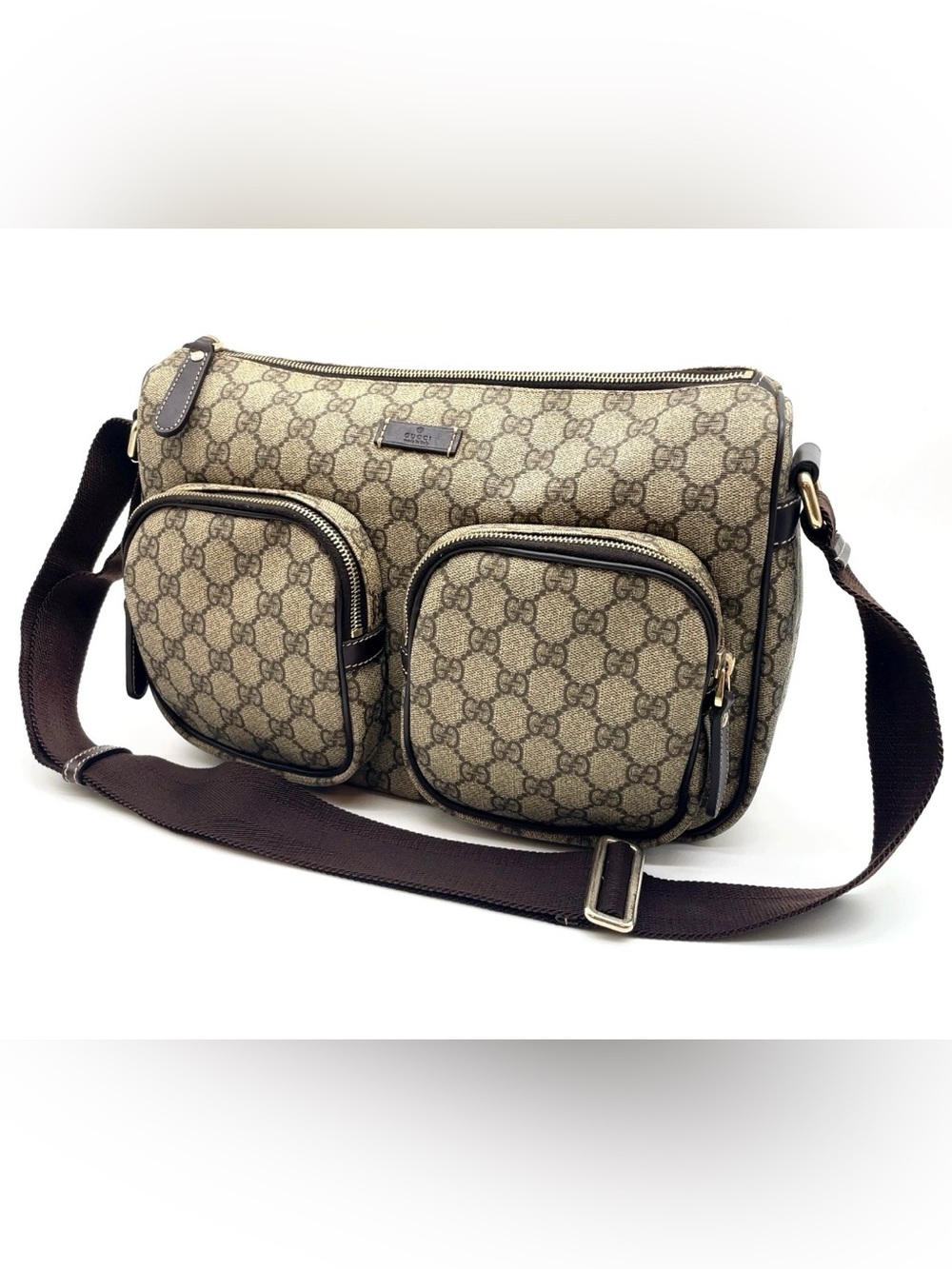 Auth Gucci GG Supreme PVC
Leather Brown Shoulder Bag